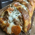 Freshly baked Meat Lovers Pizza Bread with melted mozzarella cheese, pepperoni slices, and savory ground meat, served on a rustic wooden board with a sprinkle of herbs.