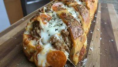 Freshly baked Meat Lovers Pizza Bread with melted mozzarella cheese, pepperoni slices, and savory ground meat, served on a rustic wooden board with a sprinkle of herbs.