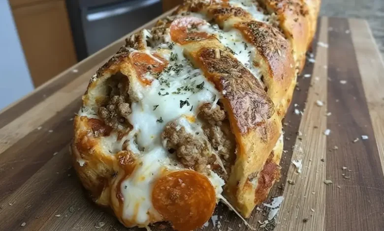 Freshly baked Meat Lovers Pizza Bread with melted mozzarella cheese, pepperoni slices, and savory ground meat, served on a rustic wooden board with a sprinkle of herbs.