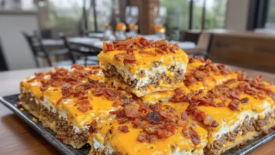 A delicious slice of Bacon Cheeseburger Sheet Pan Lasagna topped with crispy bacon and melted cheddar cheese, showcasing layers of savory beef and creamy fillings.