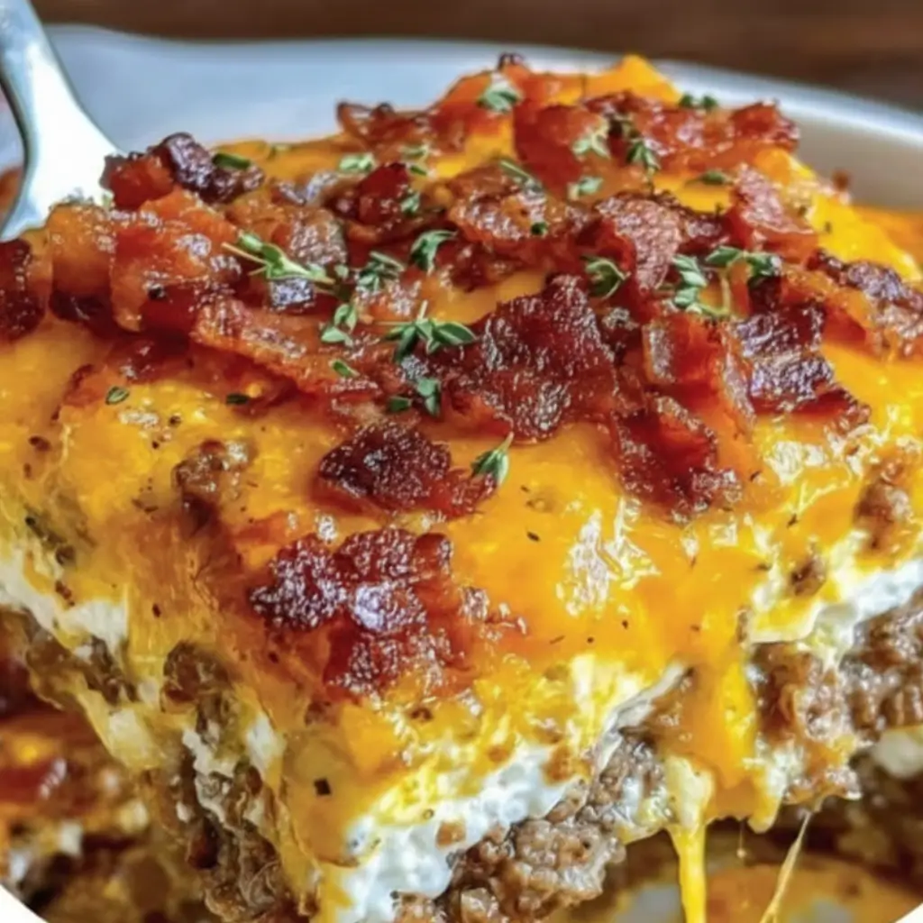 A slice of Bacon Cheeseburger Sheet Pan Lasagna with layers of melted cheddar cheese, crispy bacon bits, seasoned beef, and fresh thyme, served on a plate.