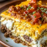 A close-up view of a slice of Bacon Cheeseburger Sheet Pan Lasagna topped with cheddar cheese, seasoned beef, tomato sauce, and fresh herbs, showcasing the layers.