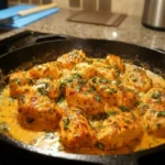 Juicy Garlic Butter Chicken cooked in a skillet with creamy sauce and garnished with fresh herbs."