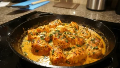 Juicy Garlic Butter Chicken cooked in a skillet with creamy sauce and garnished with fresh herbs."