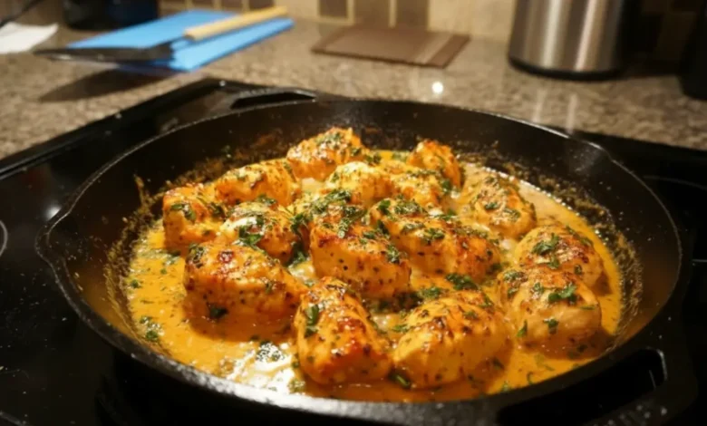 Juicy Garlic Butter Chicken cooked in a skillet with creamy sauce and garnished with fresh herbs."