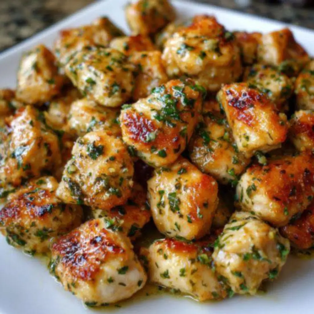 Garlic Butter Chicken pieces coated in a rich garlic sauce, garnished with fresh herbs, served on a white plate.