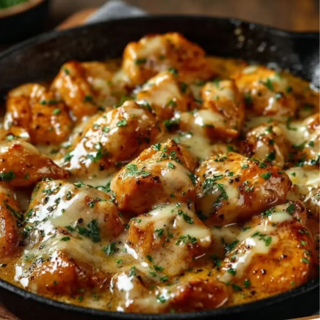 Garlic Butter Chicken pieces topped with melted cheese and fresh herbs, cooked in a savory garlic sauce, served in a cast iron skillet.