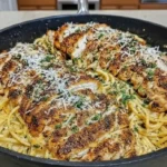 A delicious plate of Garlic Parmesan Spaghetti Cajun Cream with grilled chicken, topped with grated Parmesan and fresh parsley.