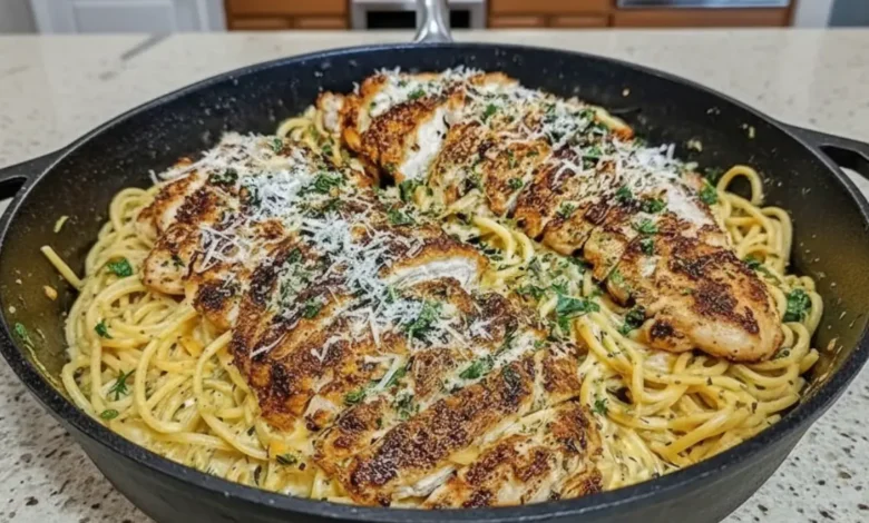 A delicious plate of Garlic Parmesan Spaghetti Cajun Cream with grilled chicken, topped with grated Parmesan and fresh parsley.