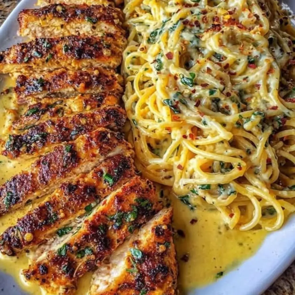 Sliced grilled chicken served alongside creamy Garlic Parmesan Spaghetti Cajun Cream with a sprinkle of red pepper flakes.