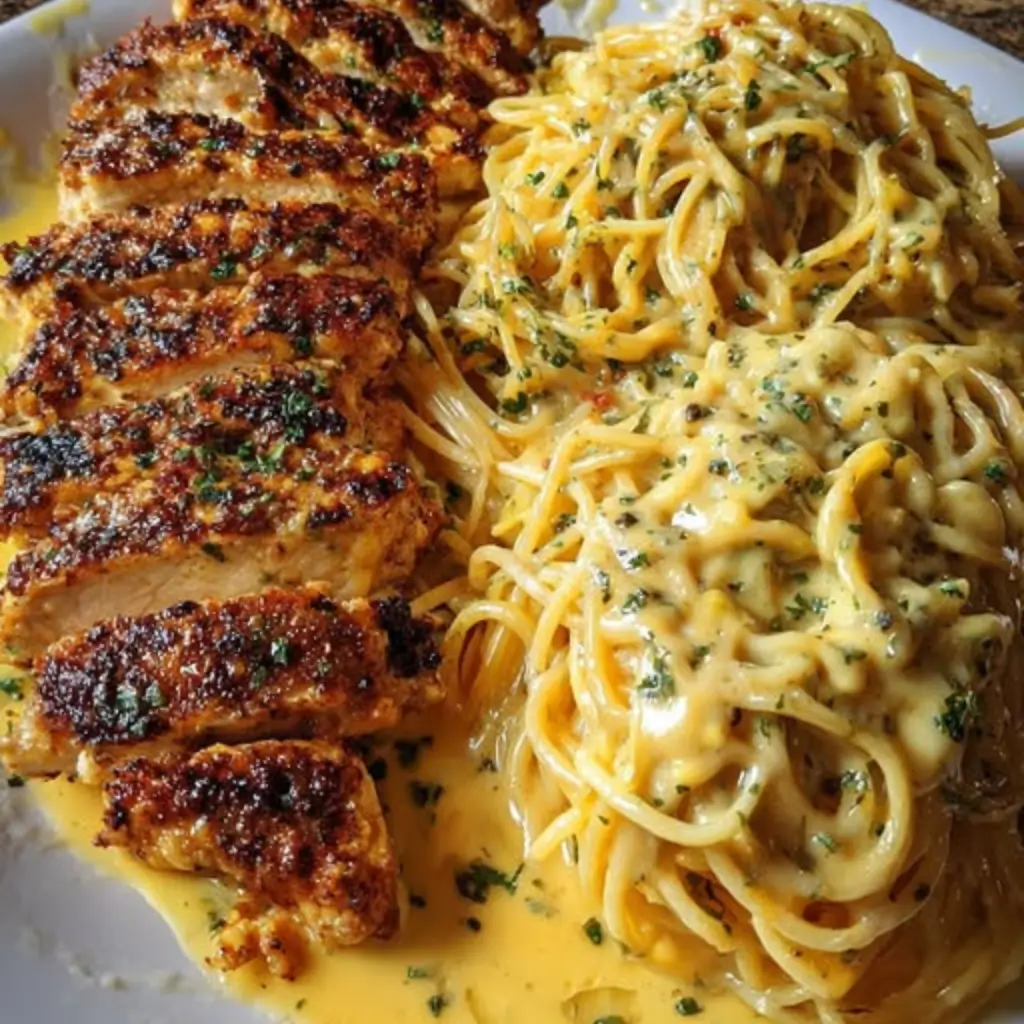 Grilled chicken served with creamy Garlic Parmesan Spaghetti Cajun Cream, garnished with parsley for an extra touch of flavor.