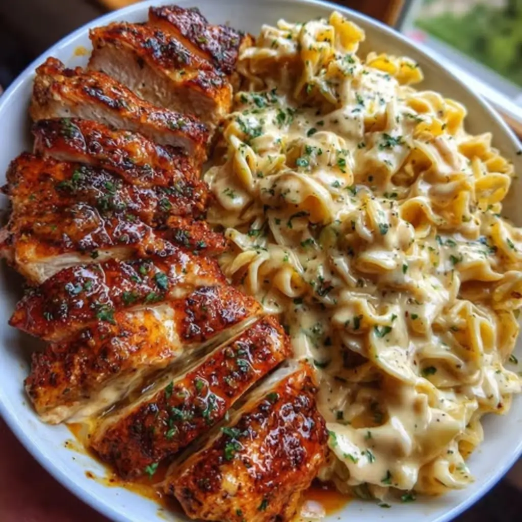 Sliced grilled chicken served with creamy Garlic Parmesan Spaghetti Cajun Cream, garnished with fresh parsley for a burst of color.