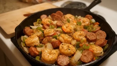 A sizzling Cajun Shrimp and Sausage Skillet with shrimp, sausage slices, bell peppers, and onions in a cast iron skillet, showcasing vibrant colors and bold flavors.