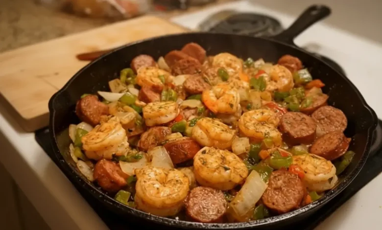 A sizzling Cajun Shrimp and Sausage Skillet with shrimp, sausage slices, bell peppers, and onions in a cast iron skillet, showcasing vibrant colors and bold flavors.