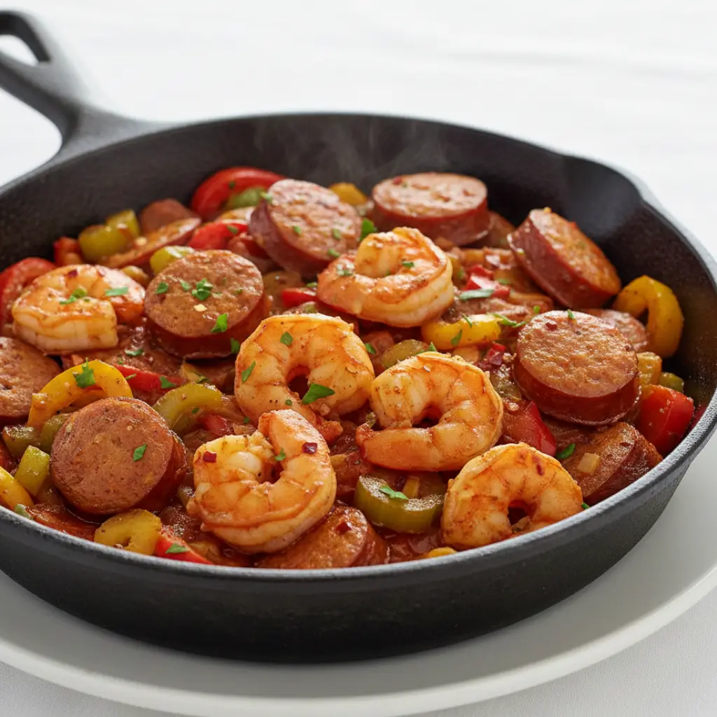 A sizzling Cajun Shrimp and Sausage Skillet with shrimp, sausage slices, bell peppers, and onions in a cast-iron skillet, garnished with fresh parsley.
