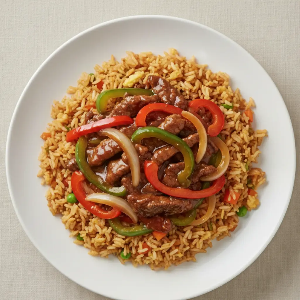 Pepper steak stir fry recipe served over fried rice with sliced beef, red and green bell peppers, and onions on a white plate.