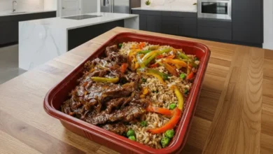 Pepper steak stir fry recipe in a red meal prep tray with tender beef, bell peppers, and seasoned rice on a wooden table in a modern kitchen.