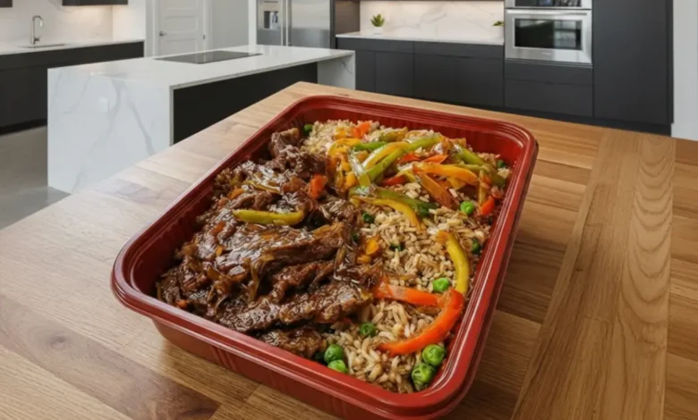 Pepper steak stir fry recipe in a red meal prep tray with tender beef, bell peppers, and seasoned rice on a wooden table in a modern kitchen.