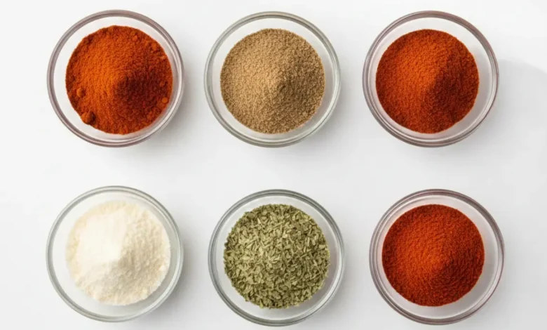 Small glass bowls filled with chili powder, cumin, paprika, garlic powder, oregano, and cayenne for homemade chili seasoning recipe