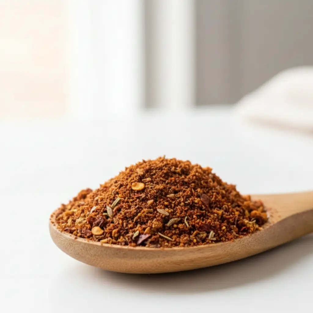 Wooden spoon filled with homemade chili seasoning recipe blend showing paprika, cumin, and red pepper flakes on a light background