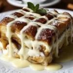 Close-up slice of cinnamon roll apple lasagna topped with creamy icing drizzle and mint garnish on a white plate.