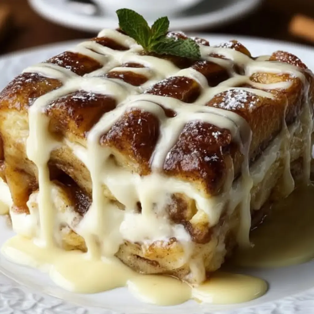 Close-up slice of cinnamon roll apple lasagna topped with creamy icing drizzle and mint garnish on a white plate.
