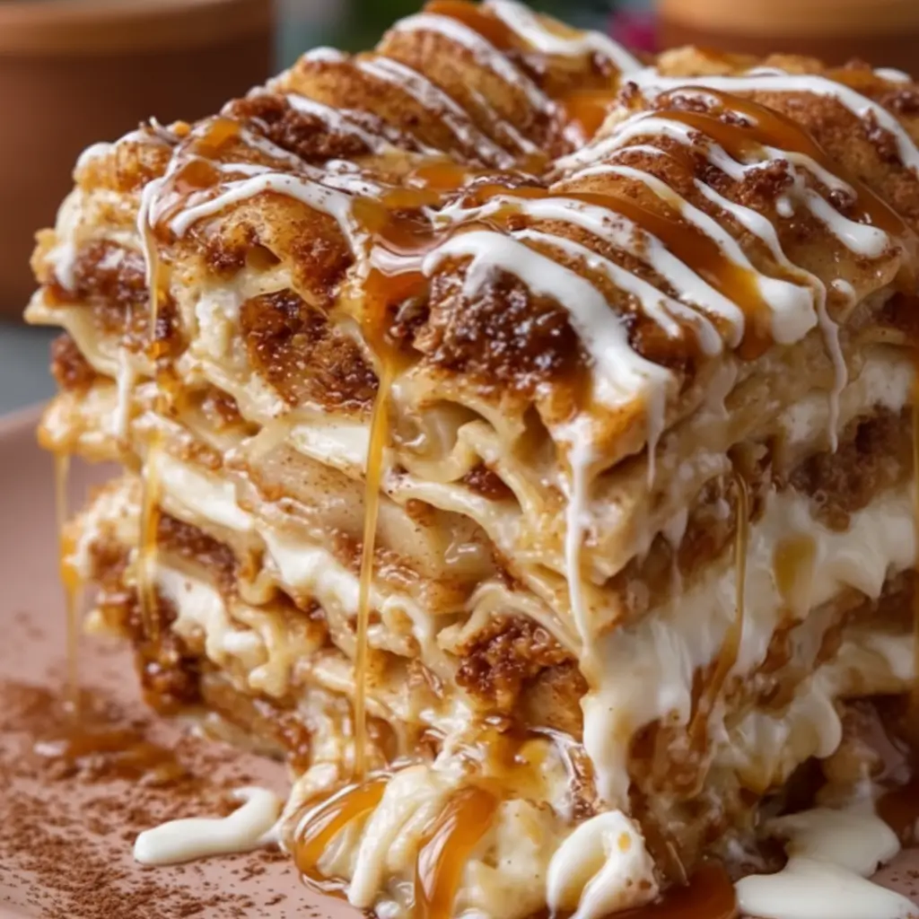 Tall slice of cinnamon roll apple lasagna layered with spiced apples, creamy filling, vanilla icing, and caramel drizzle on a plate.