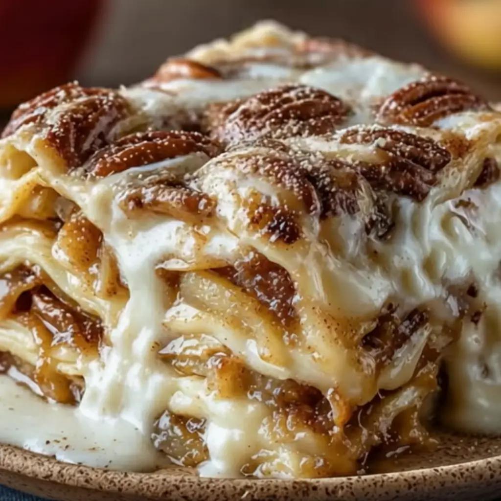 Close-up of cinnamon roll apple lasagna layered with tender apples, cream cheese filling, and vanilla icing drizzle on a ceramic plate.