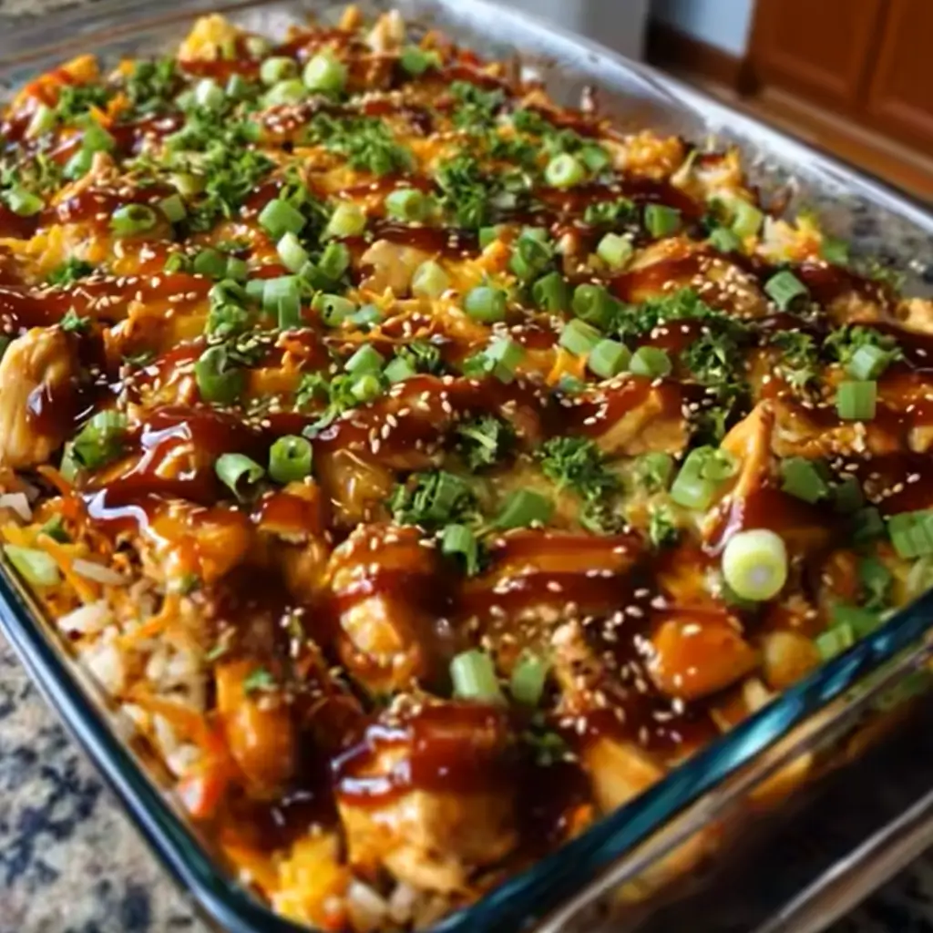 Teriyaki chicken casserole in a glass baking dish with rice, vegetables, teriyaki sauce drizzle, sesame seeds, and chopped green onions.