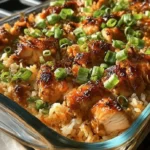 Teriyaki Chicken Casserole in a glass baking dish with fluffy rice, glazed chicken pieces, and sliced green onions on top.