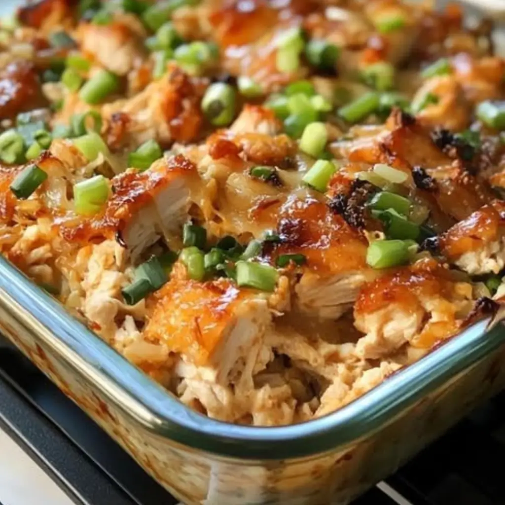 Close-up of teriyaki chicken casserole in a glass baking dish with glazed chicken, rice, and chopped green onions.