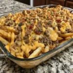 Cheeseburger French Fry Casserole in glass baking dish with crispy fries, seasoned ground beef, melted cheese, and fresh herbs on top