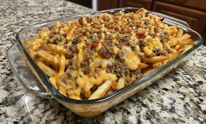 Cheeseburger French Fry Casserole in glass baking dish with crispy fries, seasoned ground beef, melted cheese, and fresh herbs on top
