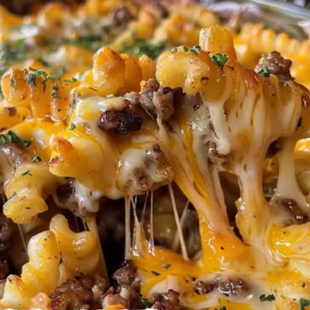 Cheeseburger French Fry Casserole scoop with stretchy melted cheddar and mozzarella, seasoned ground beef, crispy fries, and herb garnish