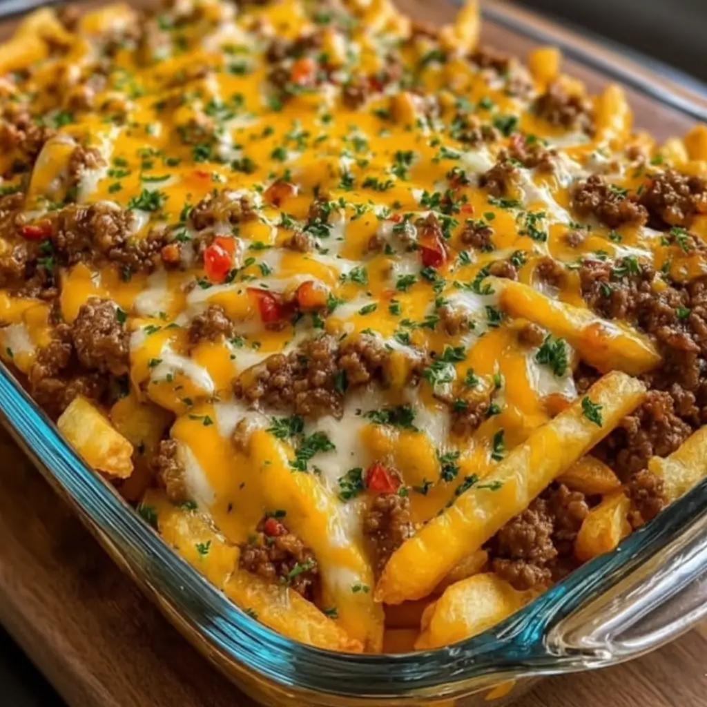 Cheeseburger French Fry Casserole in a glass baking dish topped with seasoned ground beef, melted cheddar and mozzarella, diced peppers, and chopped parsley