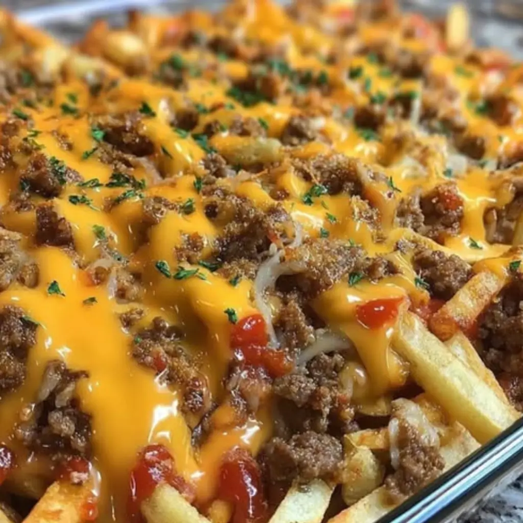 Close-up of Cheeseburger French Fry Casserole with crispy fries, seasoned ground beef, melted cheddar cheese sauce, diced tomatoes, and herb garnish in a glass dish