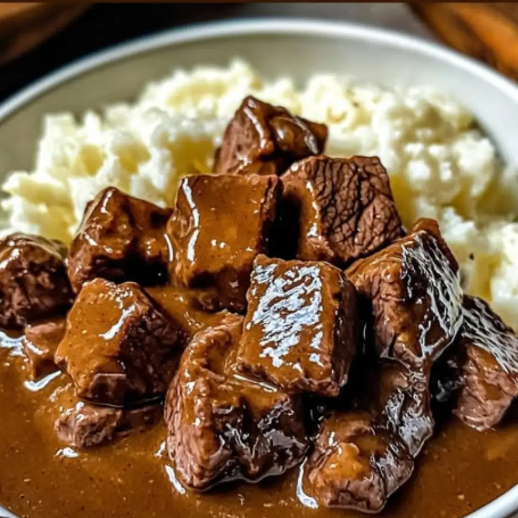 Slow Cooker Beef Tips and Gravy served over creamy mashed potatoes with rich brown gravy.