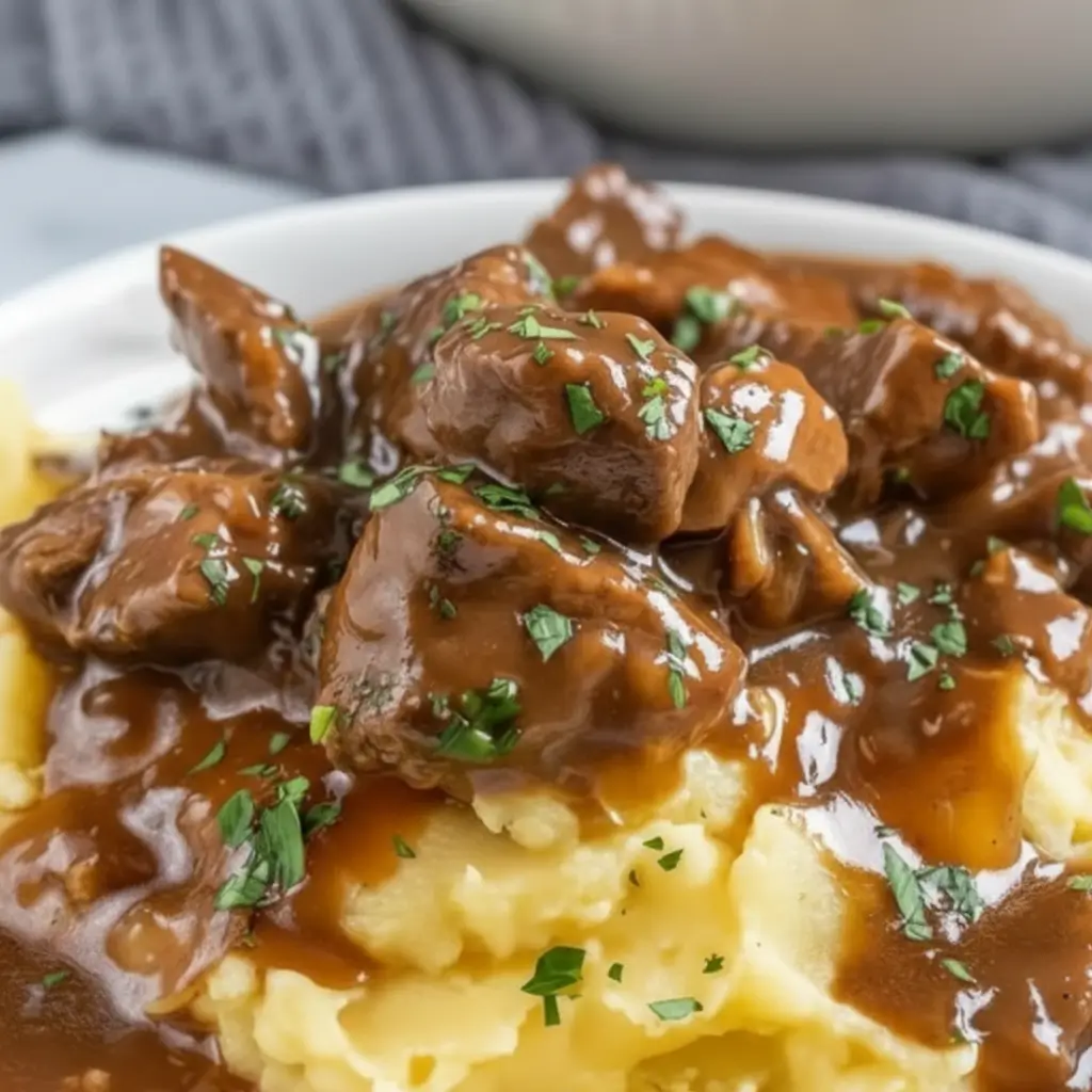 Slow Cooker Beef Tips and Gravy over creamy mashed potatoes topped with fresh parsley.