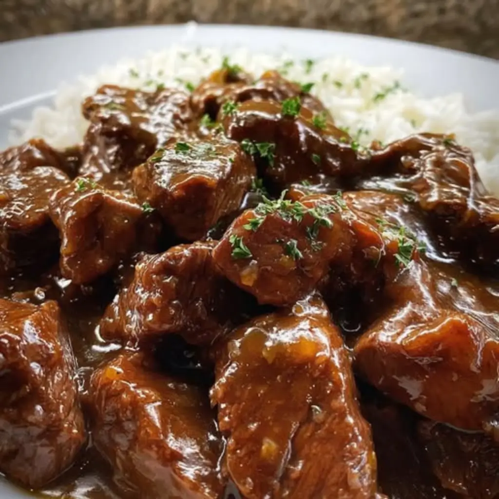 Slow Cooker Beef Tips and Gravy served over white rice with rich brown sauce.