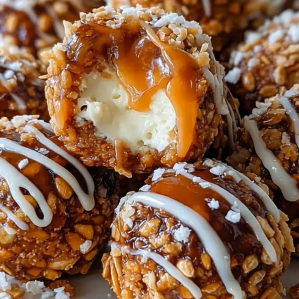 Close-up of salted caramel pretzel cheesecake balls coated in crushed pretzels, drizzled with caramel and white chocolate, with one ball cut open showing creamy cheesecake filling.