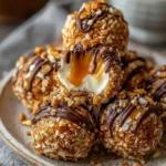 Salted caramel pretzel cheesecake balls coated in crushed pretzels and chopped nuts, drizzled with chocolate, with one ball cut open showing creamy filling and caramel center.