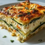 A slice of Cottage Cheese and Veggie Bake with layers of zucchini, carrots, and creamy cottage cheese, topped with a golden, cheesy crust.