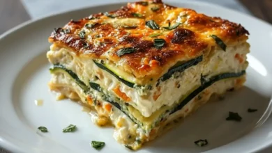 A slice of Cottage Cheese and Veggie Bake with layers of zucchini, carrots, and creamy cottage cheese, topped with a golden, cheesy crust.