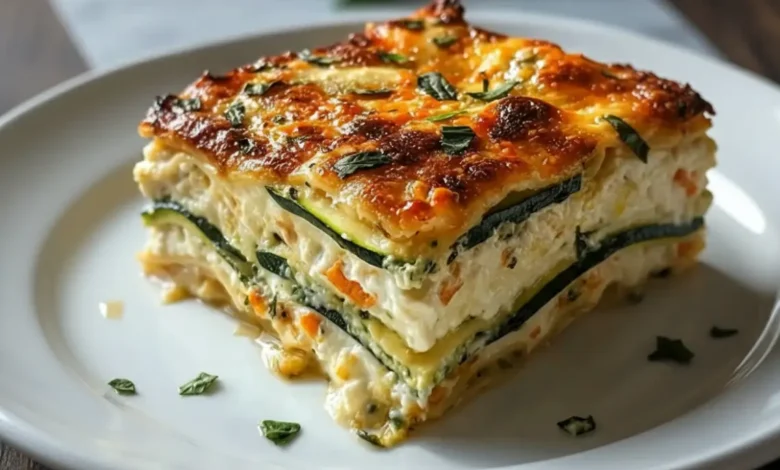 A slice of Cottage Cheese and Veggie Bake with layers of zucchini, carrots, and creamy cottage cheese, topped with a golden, cheesy crust.
