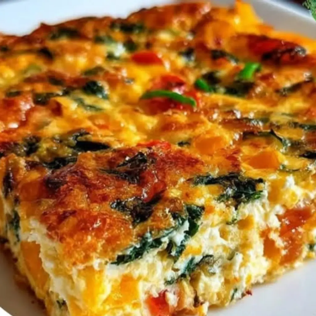 A slice of Cottage Cheese and Veggie Bake featuring vibrant vegetables like spinach, tomatoes, and bell peppers, with a golden, cheesy top.