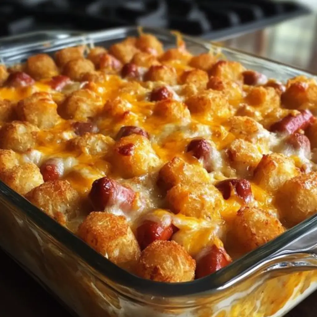 Cheesy hot dog tater tot casserole baked in glass dish with crispy golden tots and melted cheddar cheese on top.