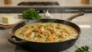 Close-up of a creamy garlic shrimp skillet with shrimp in a rich, velvety garlic sauce, garnished with fresh parsley, with butter and garlic in the background.