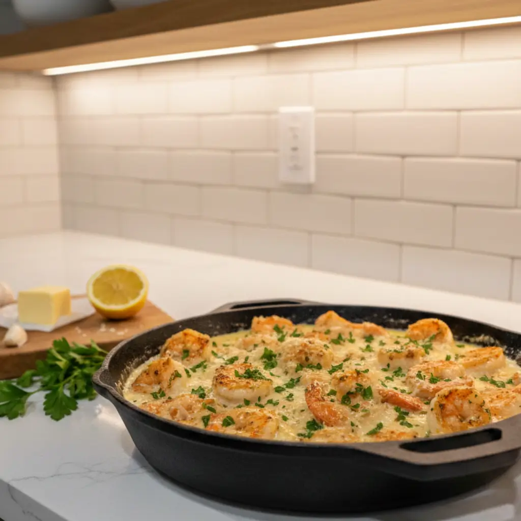 Close-up of a creamy garlic shrimp skillet garnished with parsley, placed on a kitchen countertop. Fresh lemon, garlic, and butter are in the background, creating a flavorful kitchen setting.