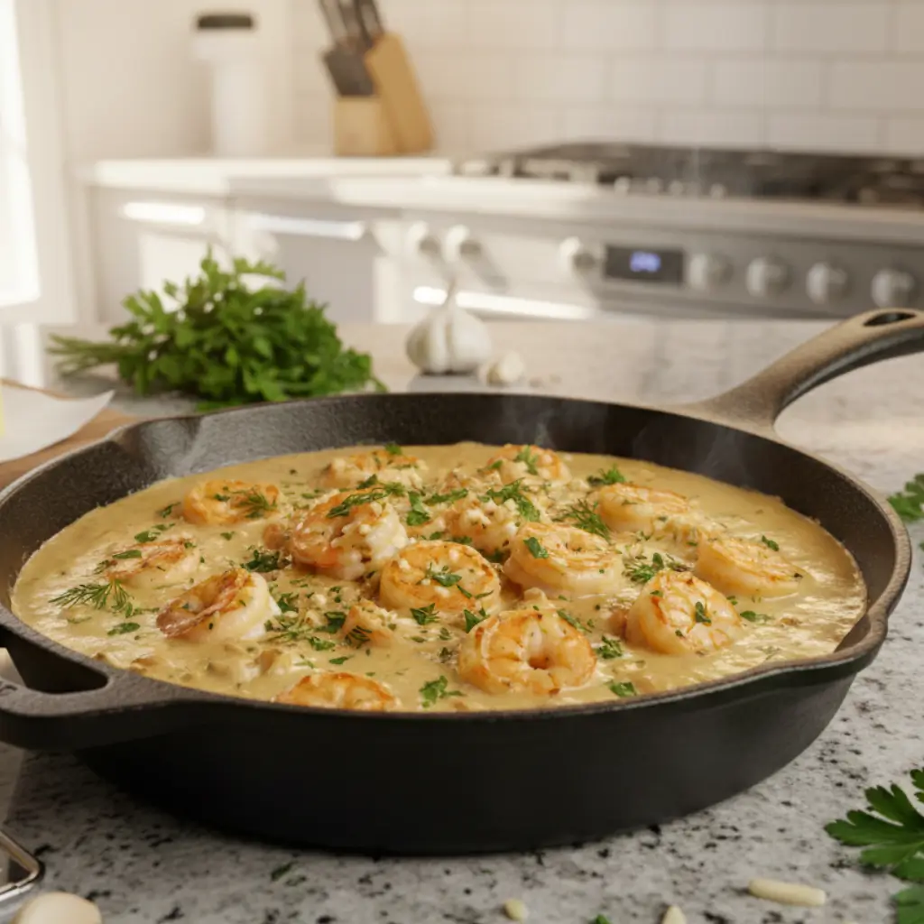 Close-up of a creamy garlic shrimp skillet with shrimp in a rich garlic sauce, garnished with fresh parsley. The skillet is on a kitchen countertop with garlic and parsley in the background.