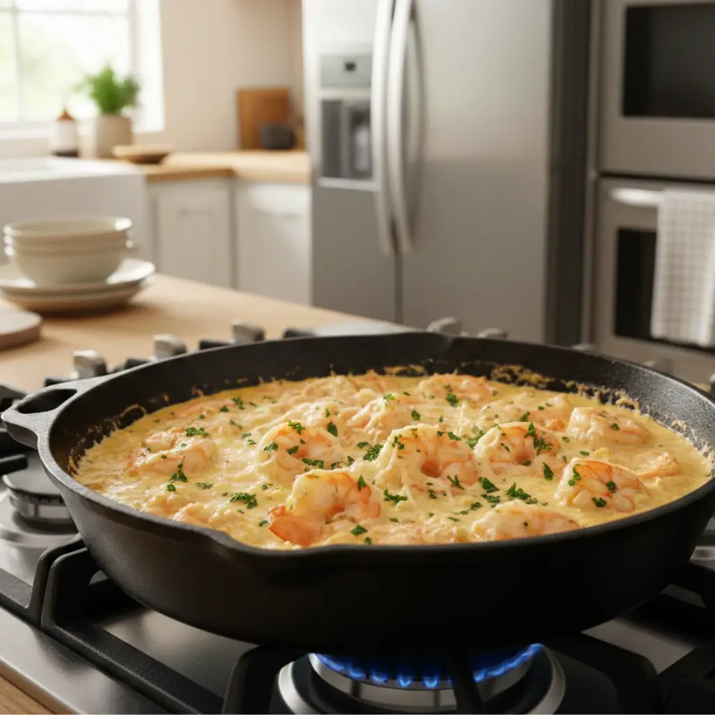 Close-up of a creamy garlic shrimp skillet cooking on a stovetop, with shrimp in a creamy garlic sauce and garnished with parsley. The kitchen has a modern design in the background.